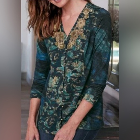 NWT Soft Surroundings Del Bosque Starry Night Tunic Gold Beaded Sequins in 3X - Picture 1 of 4